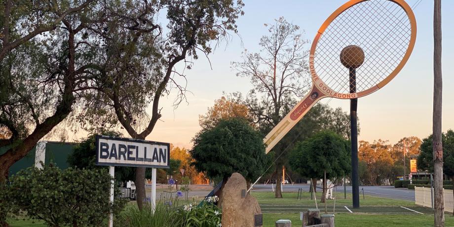 Barellan's famous large tennis racquet.